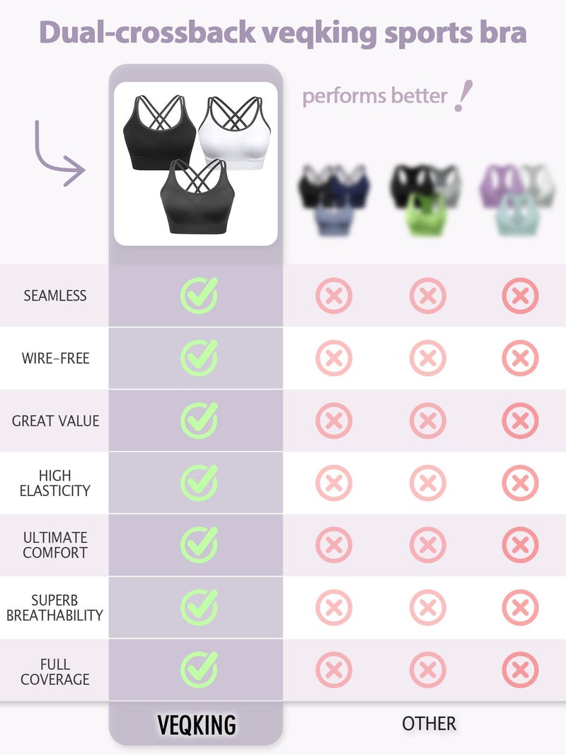 VEQKING 3 Pack Sports Bras for Women Medium Support Yoga Bra Strappy Cross Back Workout Tops with Removable Pads - Image 5